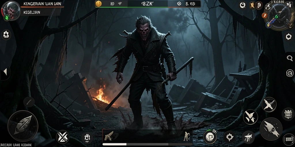 Screenshot gameplay 8ZK menampilkan momen mencekam saat menjelajahi kegelapan.