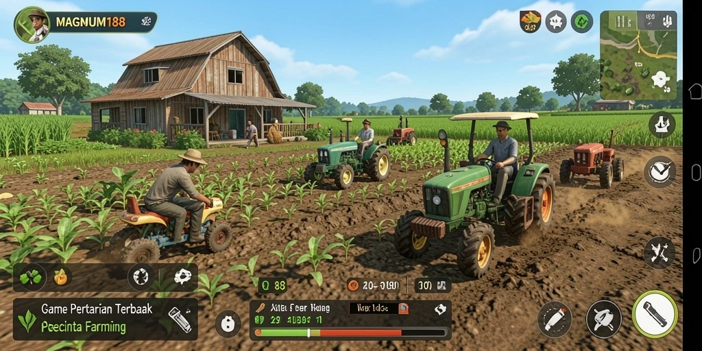Tampilan gameplay MAGNUM188 dengan petani yang sibuk di ladang.