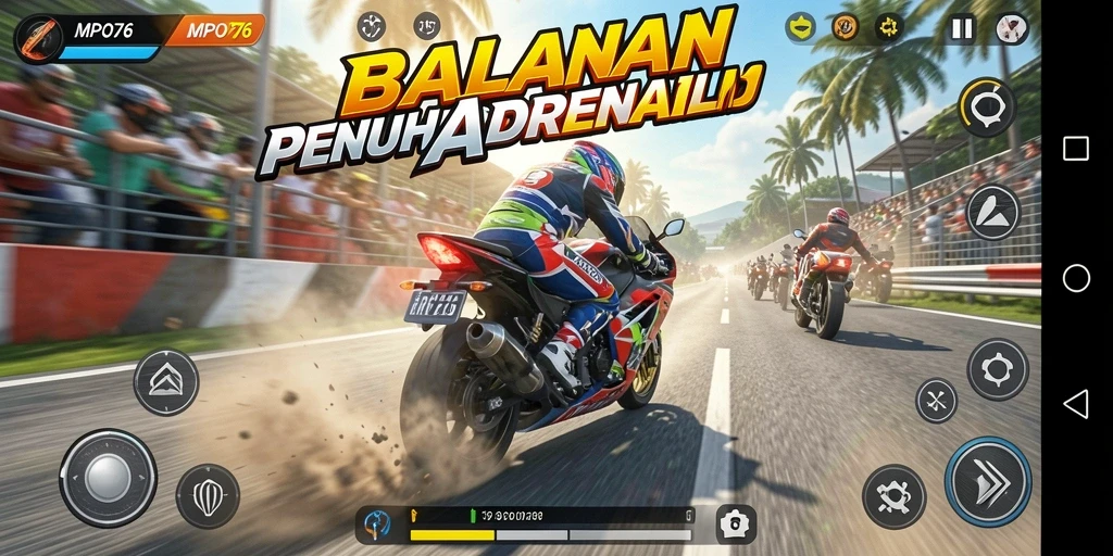 Screenshot gameplay <strong>MPO76</strong> yang menunjukkan aksi balapan motor yang mendebarkan.