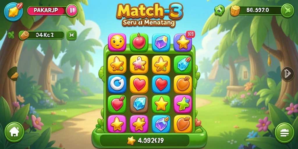 Tangkapan layar utama PAKARJP menunjukkan gameplay Match-3 yang seru dan menantang.