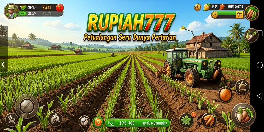 Menampilkan gameplay <strong>RUPIAH777</strong> dengan aktivitas bertani dan pengelolaan lahan.